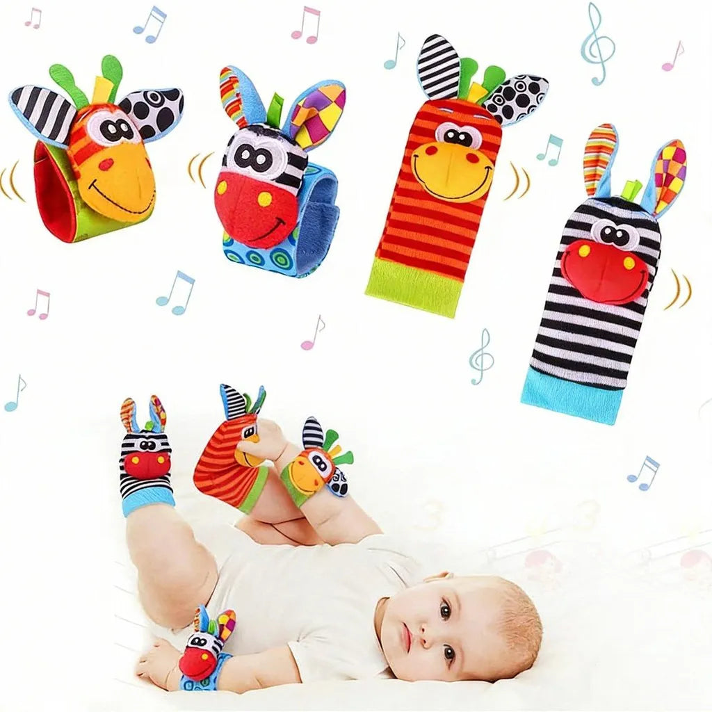 Conjunto de Meias e Pulseira com Chocalho Minicee para Bebês, 4 Peças – Brinquedo Sensorial para Bebês de 0 a 12 Meses – Brinquedo Macio para o Desenvolvimento