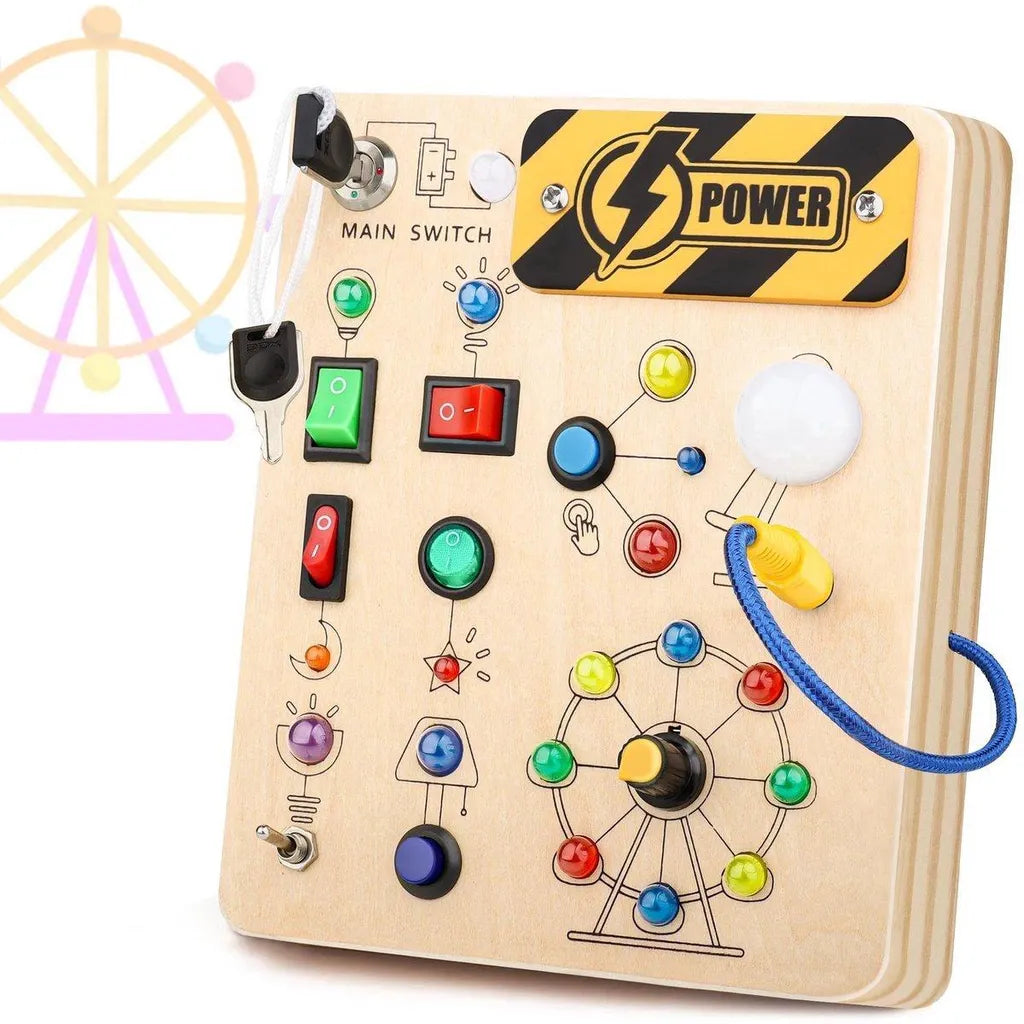 Painel sensorial de madeira Montessori com interruptor LED, brinquedo para desenvolvimento da coordenação motora, para crianças de 1 a 4 anos