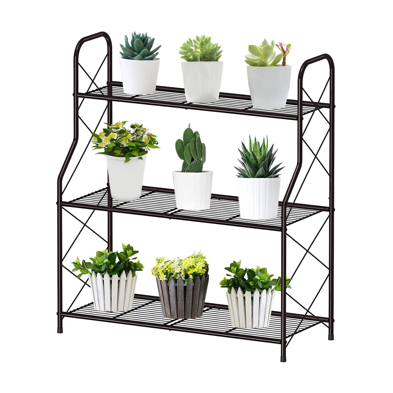 Prateleira para plantas de metal, 3 níveis, suporte para vasos, suporte para vasos para exterior, interior, varanda, jardim, multifuncional com grande capacidade, bronze