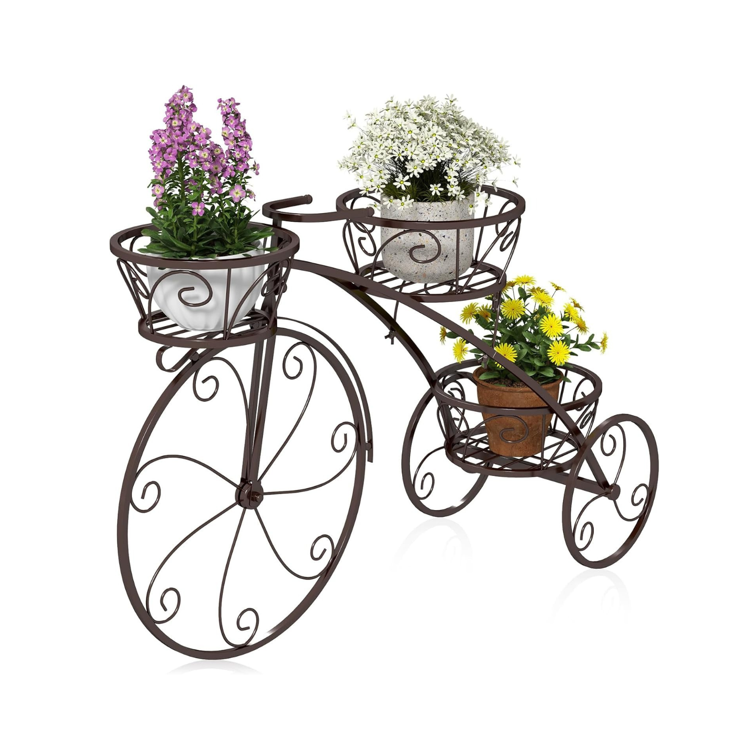 Suporte para plantas em forma de bicicleta, suporte metálico para vasos com 3 cestas ocas, elegante jardineira de pé de estilo parisiense vintage para pátio, jardim, terraço (preto)