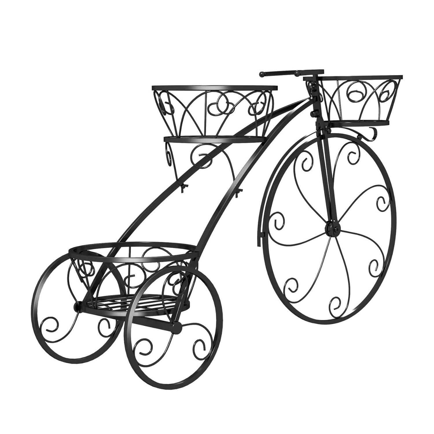 Suporte para plantas em forma de bicicleta, suporte metálico para vasos com 3 cestas ocas, elegante jardineira de pé de estilo parisiense vintage para pátio, jardim, terraço (preto)