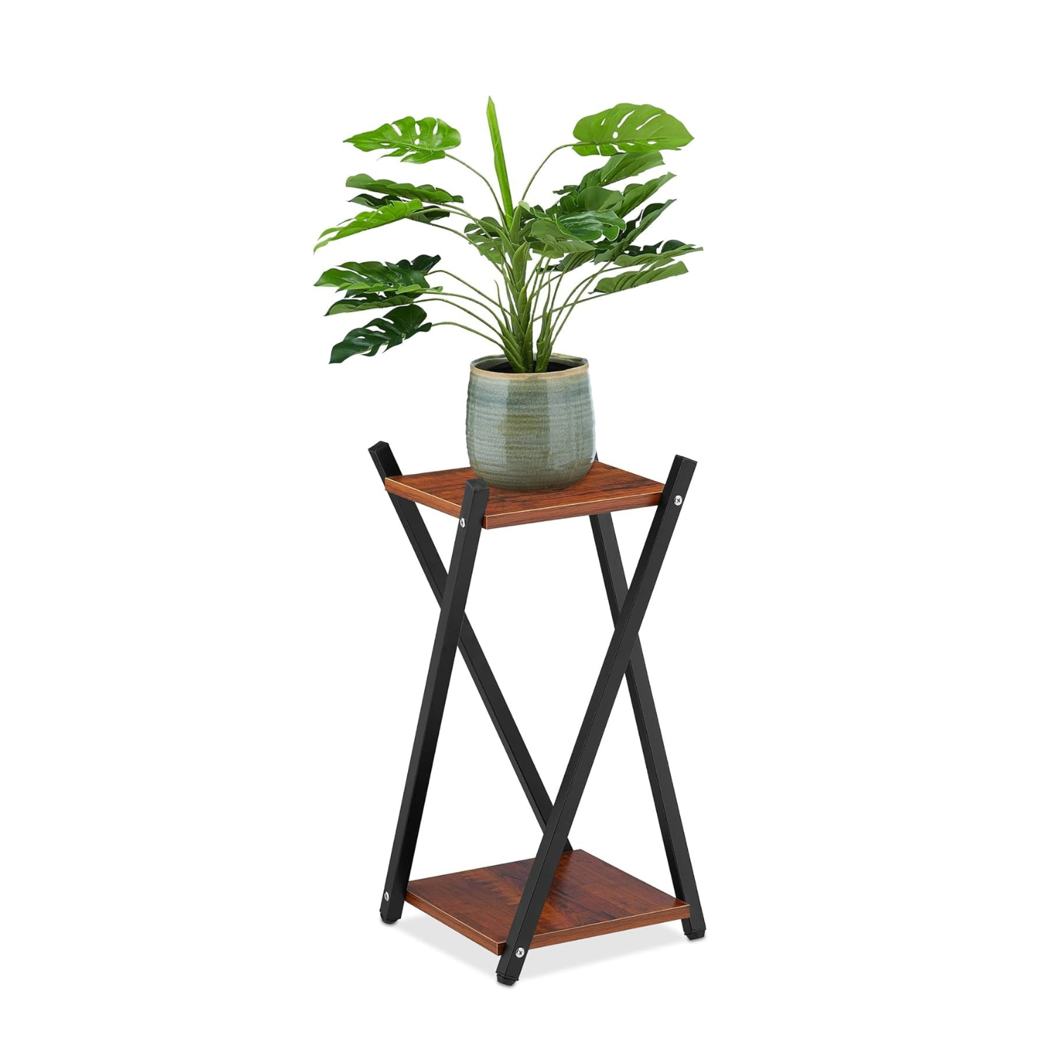 Suporte para Vasos de Plantas, 2 Prateleiras Efeito Madeira, Metal, Banco de Plantas Moderno, 57 x 29 x 29 cm, Preto/Marrom Claro