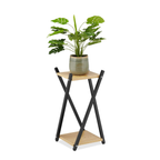 Suporte para Vasos de Plantas, 2 Prateleiras Efeito Madeira, Metal, Banco de Plantas Moderno, 57 x 29 x 29 cm, Preto/Marrom Claro