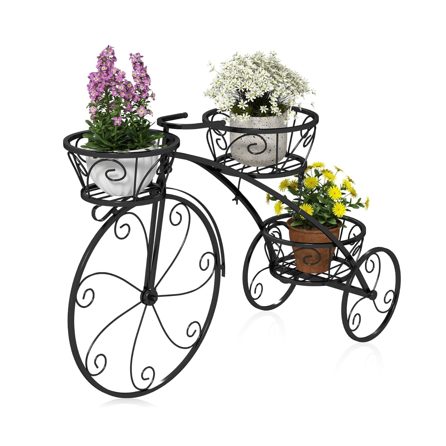 Suporte para plantas em forma de bicicleta, suporte metálico para vasos com 3 cestas ocas, elegante jardineira de pé de estilo parisiense vintage para pátio, jardim, terraço (preto)