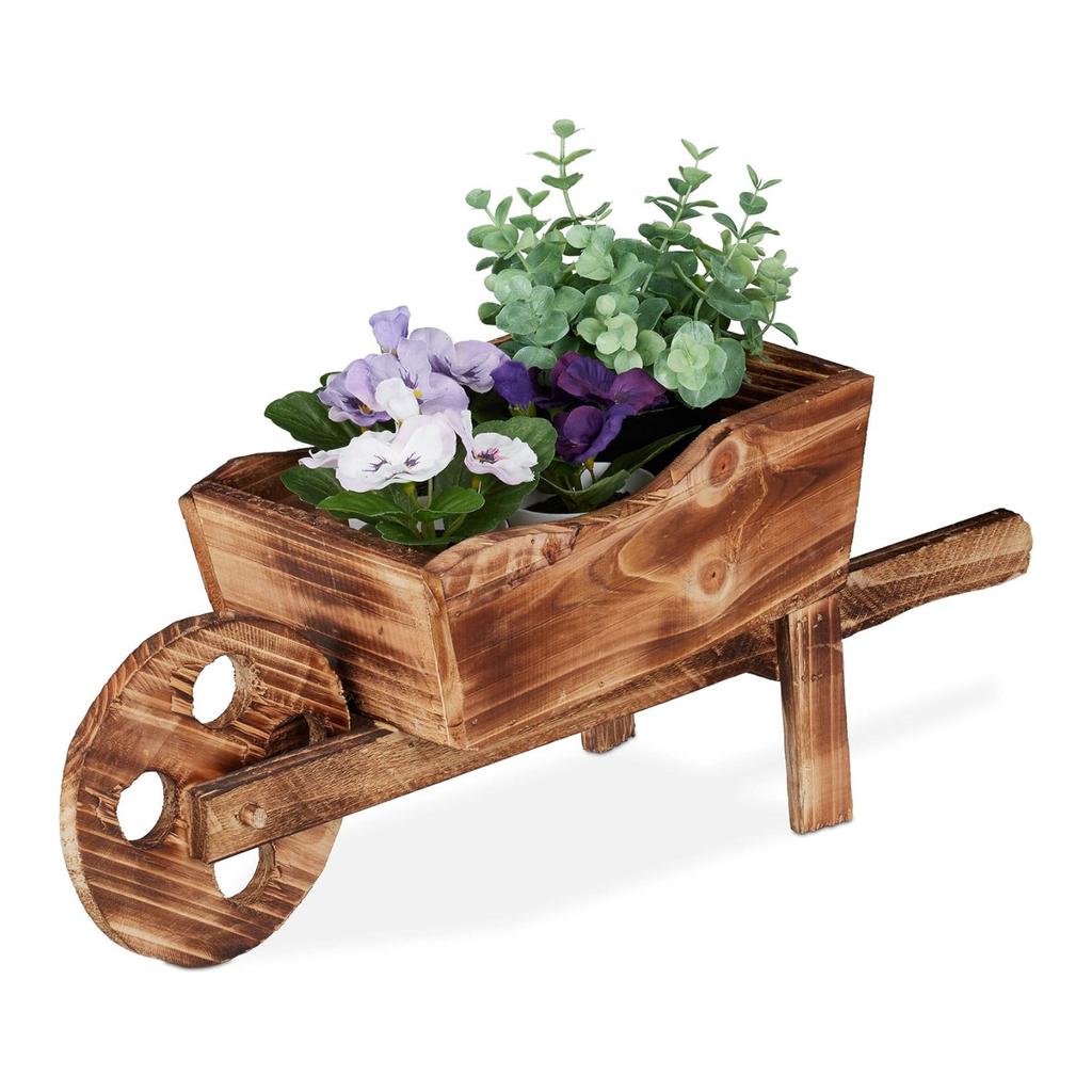 Vaso de madeira carrinho de mão, madeira queimada, decoração de jardim, vaso plantas retro, 19 x 47 x 15 cm, natural