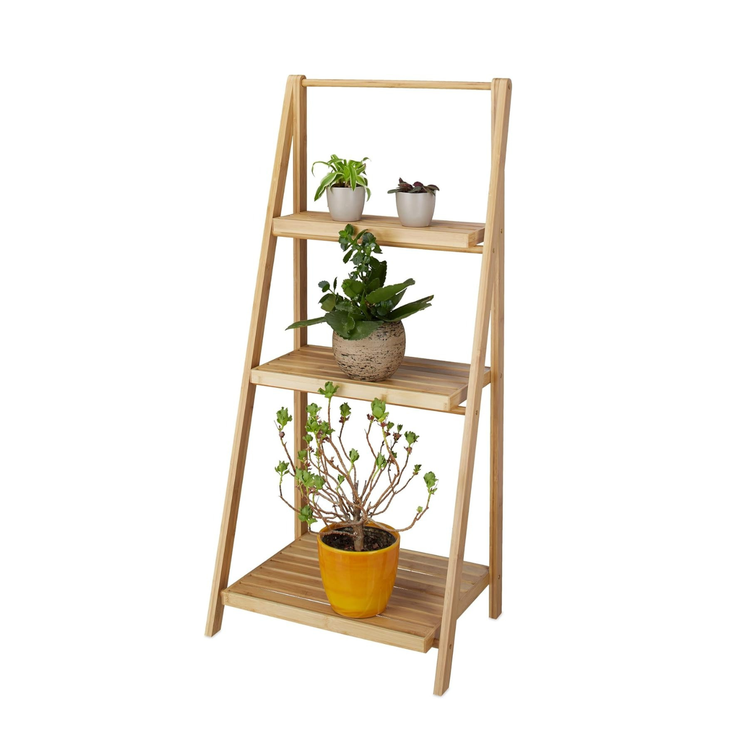 Prateleira para plantas, forma de escada, 99 x 45 x 32 cm, feita de bambu, cor natural