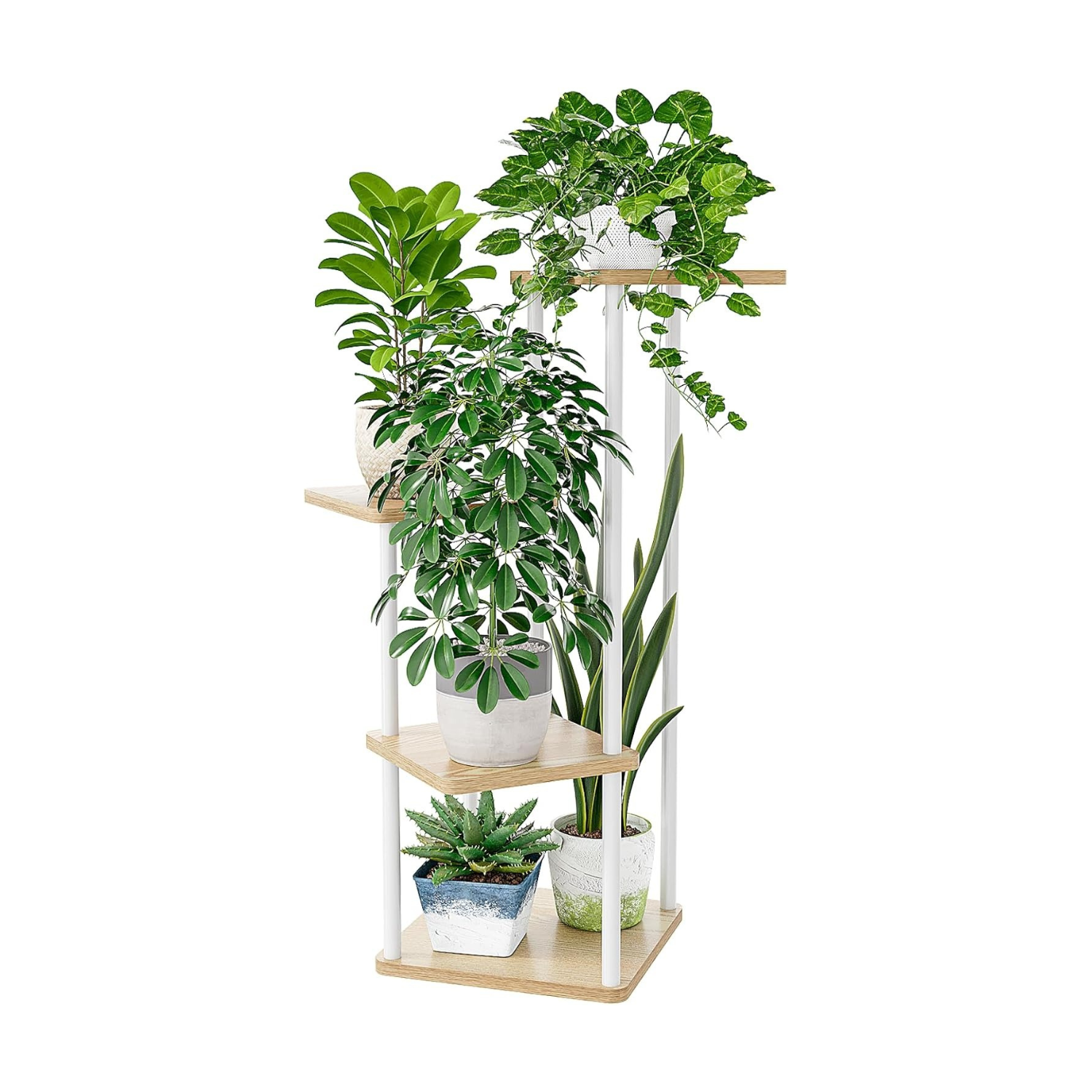 Suporte para plantas de canto estante para plantas altas de metal para várias plantas, suporte de plantas de interior de 5 níveis para pátio, jardim, varanda, sala de estar (branco)