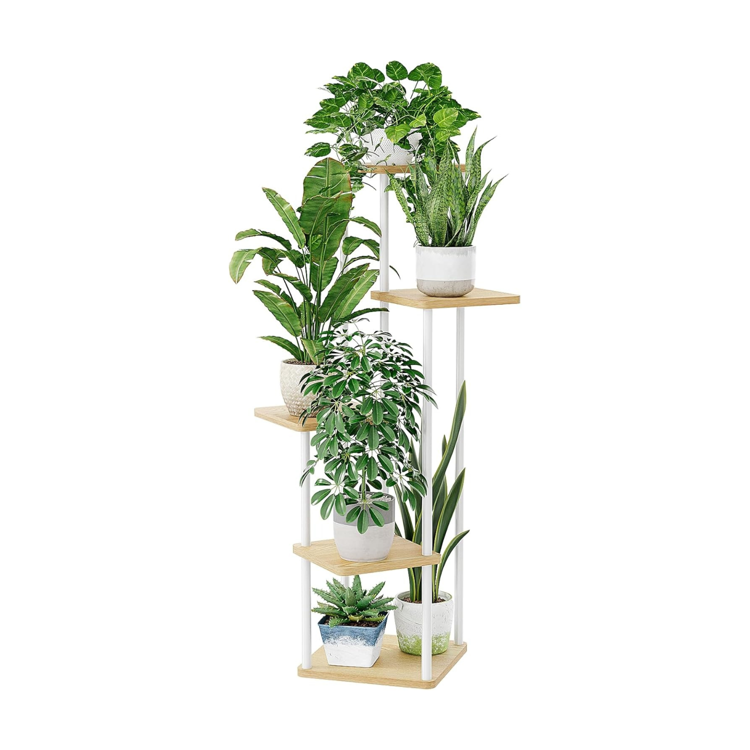 Suporte para plantas de canto estante para plantas altas de metal para várias plantas, suporte de plantas de interior de 5 níveis para pátio, jardim, varanda, sala de estar (branco)