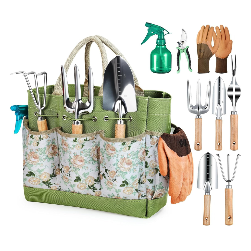 Conjunto de Ferramentas para Jardim 9PC, Conjunto de Jardinagem para Adultos em Aço Inoxidável, Kit de Jardinagem Saco de Jardim, Tesouras de Podar, Pá de Jardinagem, Luvas, Pá Pequena e
