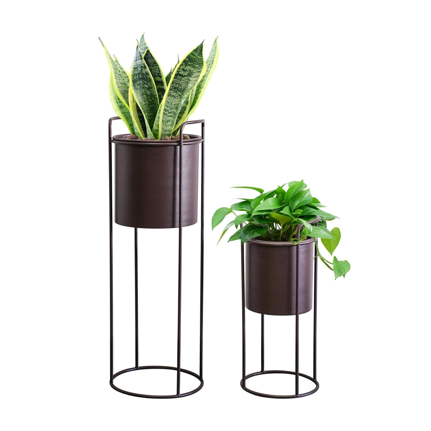 Conjunto de 2 suportes de metal com vaso de 70 cm e 45 cm, suporte de flores para interiores e exteriores, cozinha, sala de estar, canto, jardim, varanda, decoração de pátio (castanho)