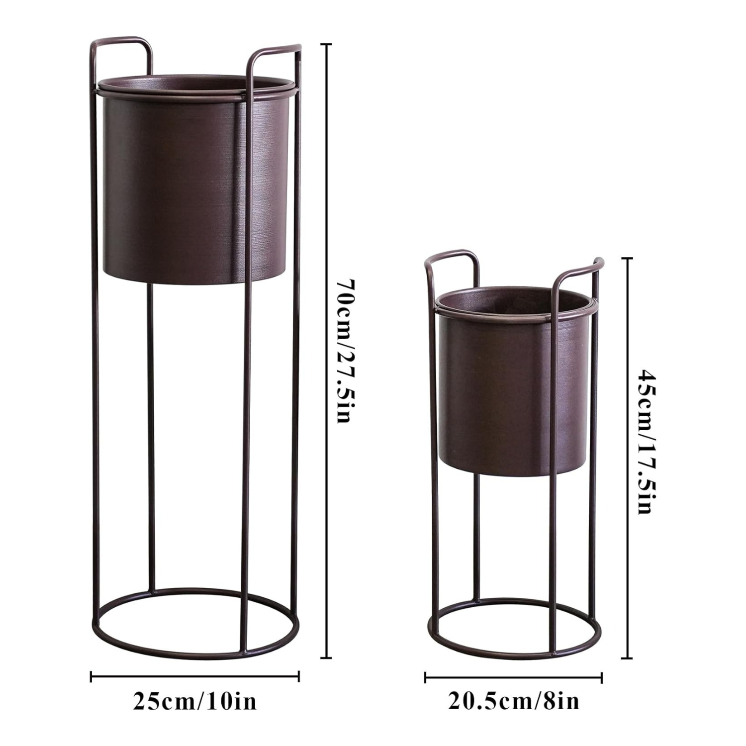 Conjunto de 2 suportes de metal com vaso de 70 cm e 45 cm, suporte de flores para interiores e exteriores, cozinha, sala de estar, canto, jardim, varanda, decoração de pátio (castanho)
