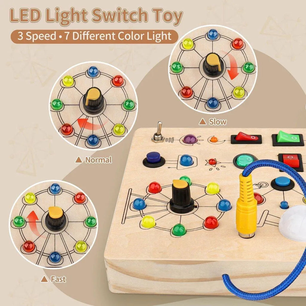 Painel sensorial de madeira Montessori com interruptor LED, brinquedo para desenvolvimento da coordenação motora, para crianças de 1 a 4 anos