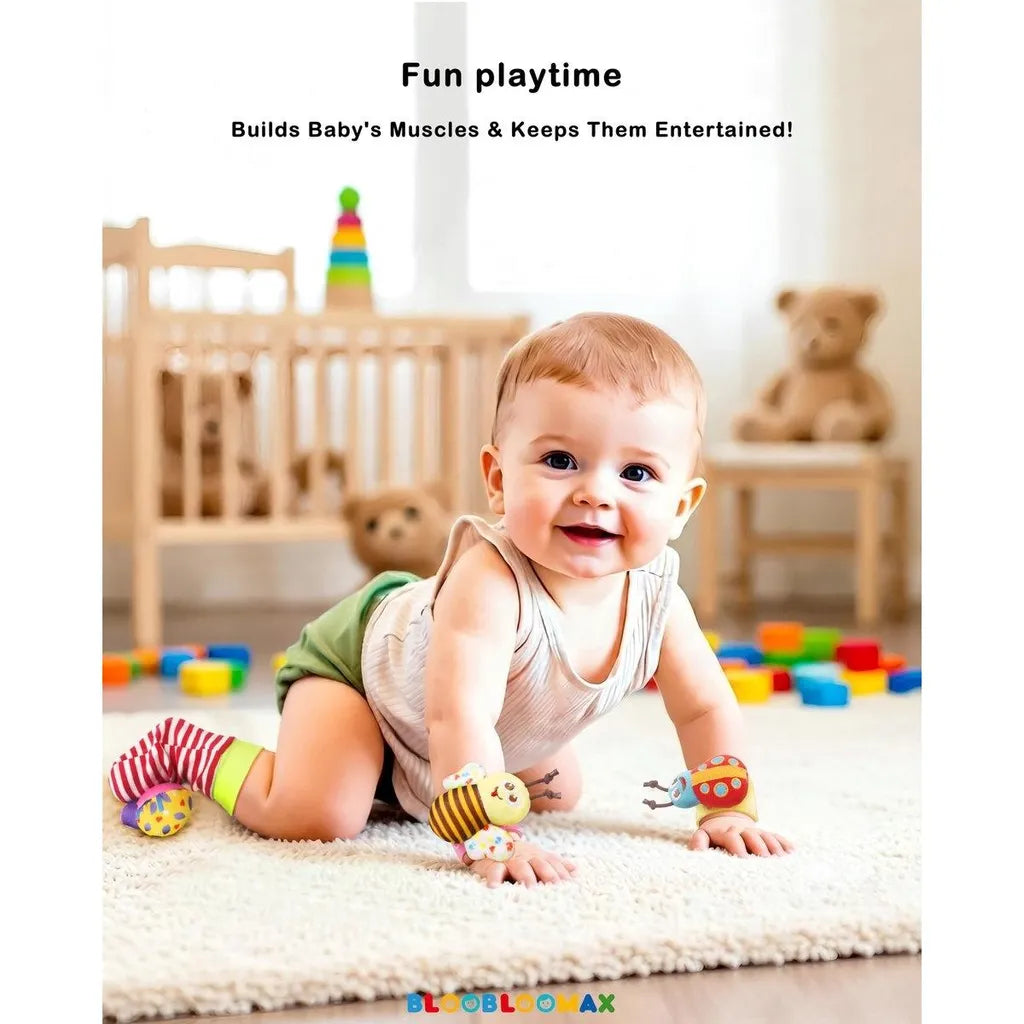 Conjunto de meias, meias com chocalho e pulseira Minicee para bebês de 0 a 12 meses. Brinquedo de chocalho para os pés e mãos.