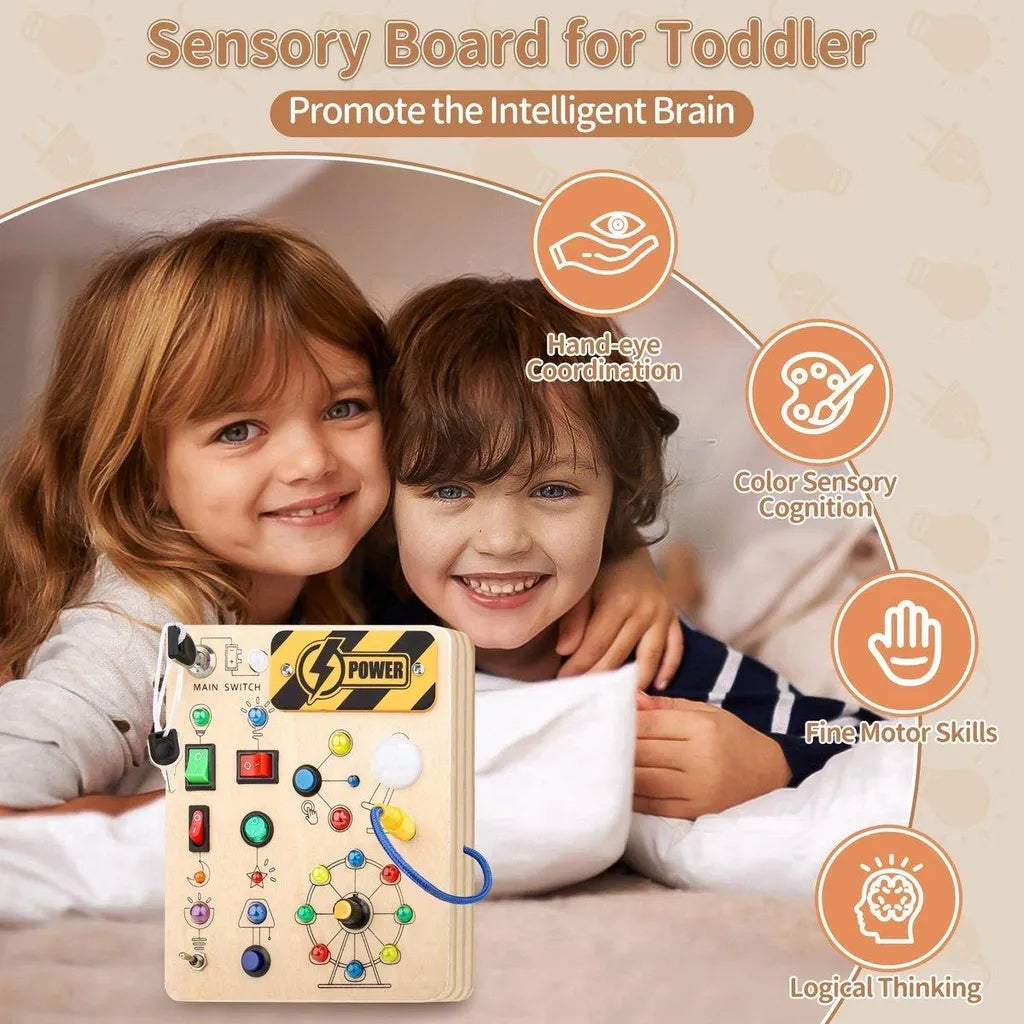 Painel sensorial de madeira Montessori com interruptor LED, brinquedo para desenvolvimento da coordenação motora, para crianças de 1 a 4 anos