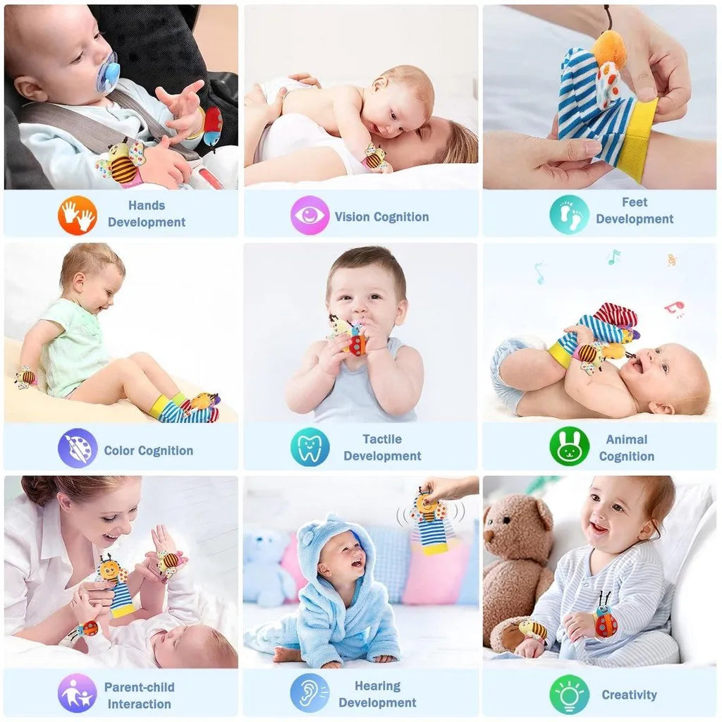 Conjunto de meias, meias com chocalho e pulseira Minicee para bebês de 0 a 12 meses. Brinquedo de chocalho para os pés e mãos.