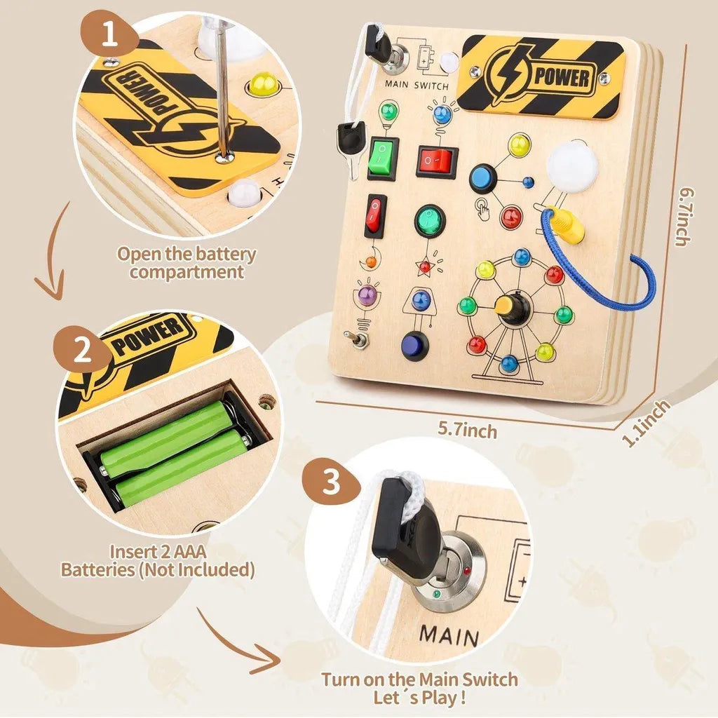 Painel sensorial de madeira Montessori com interruptor LED, brinquedo para desenvolvimento da coordenação motora, para crianças de 1 a 4 anos