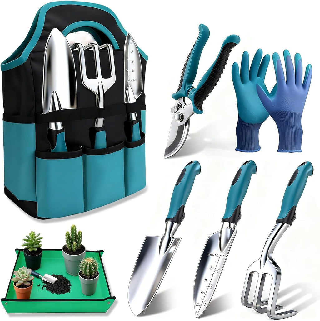 Conjunto de ferramentas de jardinagem 7 unidades, kit de jardinagem bolsa de jardim com bolsa de fixação resistente, conjunto de ferramentas de mão de jardim, presentes de jardinagem para mulheres e