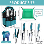 Conjunto de ferramentas de jardinagem 7 unidades, kit de jardinagem bolsa de jardim com bolsa de fixação resistente, conjunto de ferramentas de mão de jardim, presentes de jardinagem para mulheres e