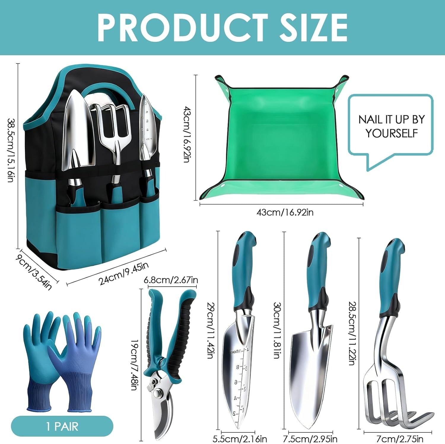 Conjunto de ferramentas de jardinagem 7 unidades, kit de jardinagem bolsa de jardim com bolsa de fixação resistente, conjunto de ferramentas de mão de jardim, presentes de jardinagem para mulheres e
