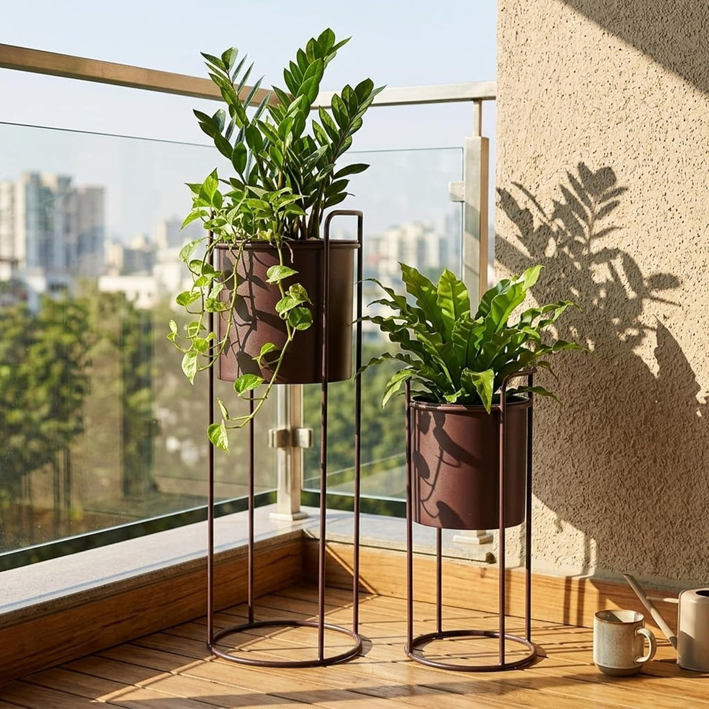 Conjunto de 2 suportes de metal com vaso de 70 cm e 45 cm, suporte de flores para interiores e exteriores, cozinha, sala de estar, canto, jardim, varanda, decoração de pátio (castanho)