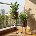 Conjunto de 2 suportes de metal com vaso de 70 cm e 45 cm, suporte de flores para interiores e exteriores, cozinha, sala de estar, canto, jardim, varanda, decoração de pátio (castanho)