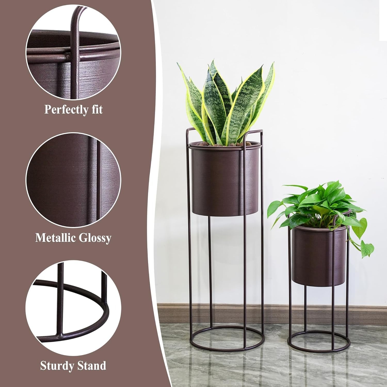 Conjunto de 2 suportes de metal com vaso de 70 cm e 45 cm, suporte de flores para interiores e exteriores, cozinha, sala de estar, canto, jardim, varanda, decoração de pátio (castanho)