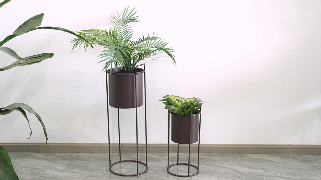 Conjunto de 2 suportes de metal com vaso de 70 cm e 45 cm, suporte de flores para interiores e exteriores, cozinha, sala de estar, canto, jardim, varanda, decoração de pátio (castanho)