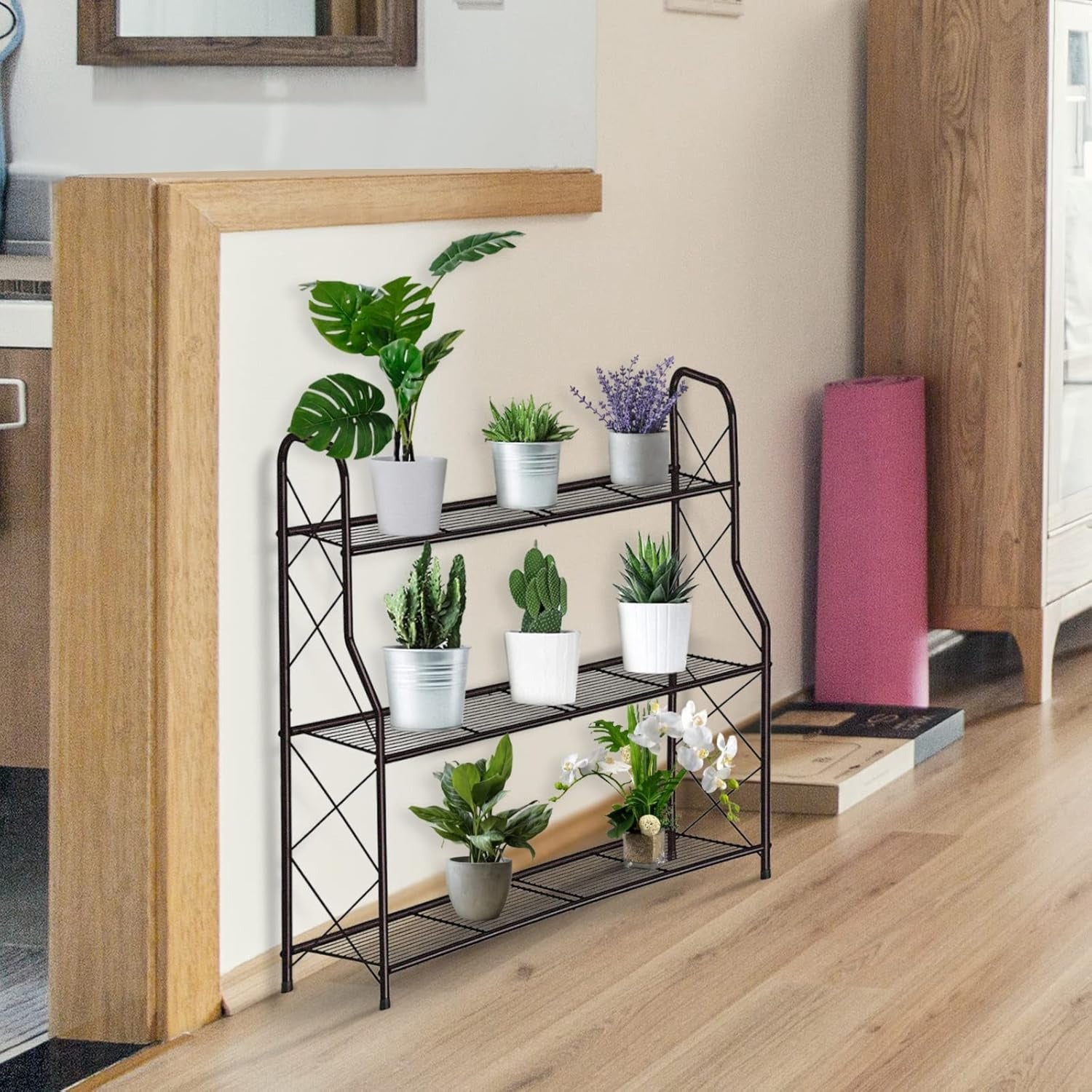 Prateleira para plantas de metal, 3 níveis, suporte para vasos, suporte para vasos para exterior, interior, varanda, jardim, multifuncional com grande capacidade, bronze