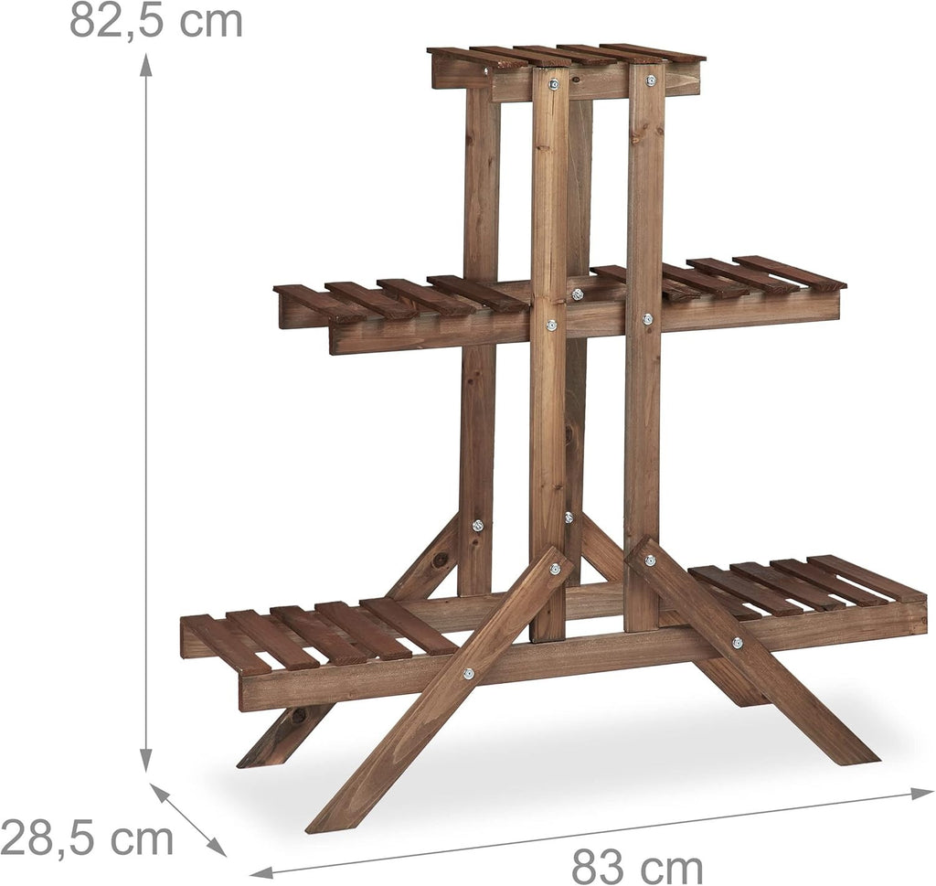 Suporte de plantas para interior 3 níveis, madeira, castanho escuro, 82,5 x 83 x 28,5 cm