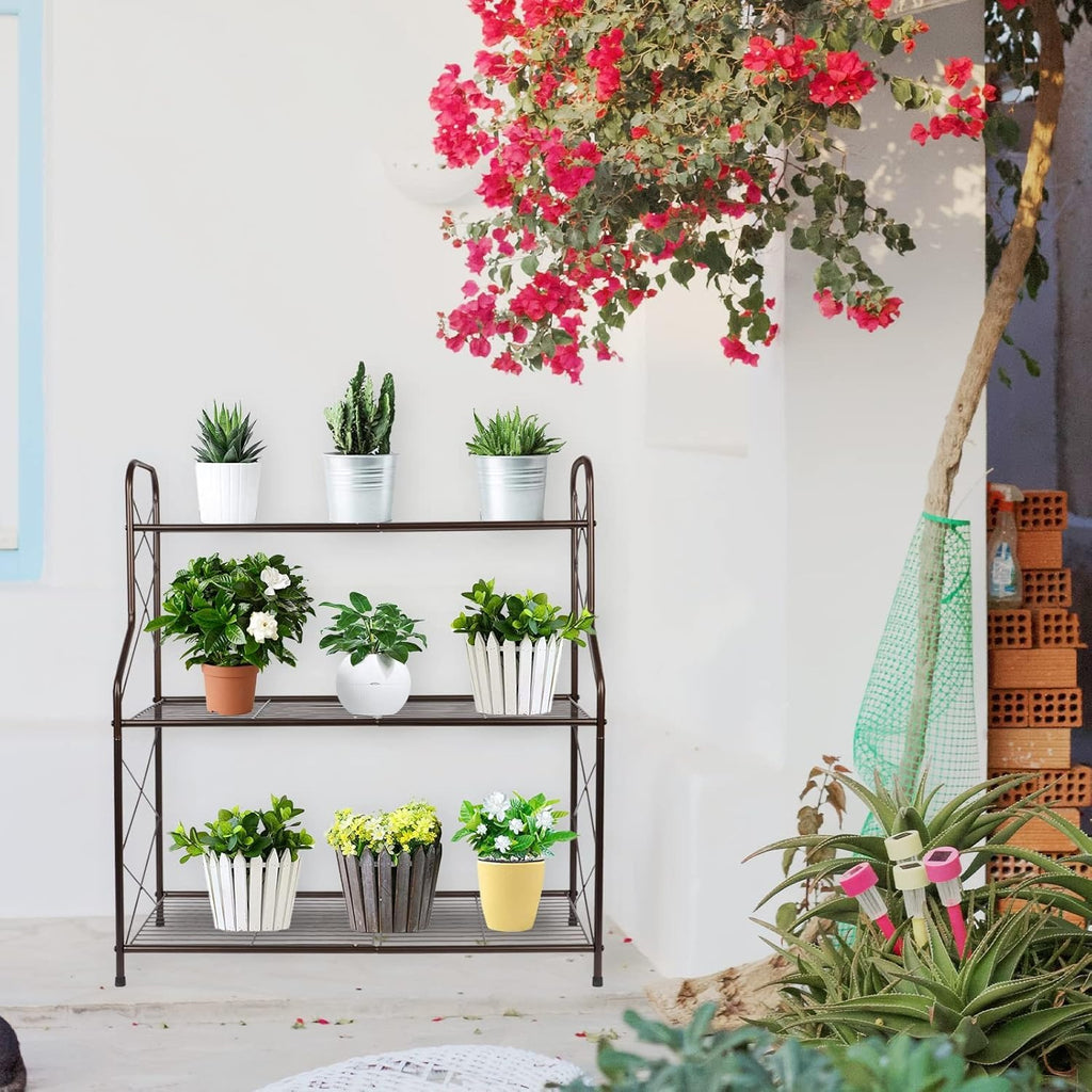 Prateleira para plantas de metal, 3 níveis, suporte para vasos, suporte para vasos para exterior, interior, varanda, jardim, multifuncional com grande capacidade, bronze