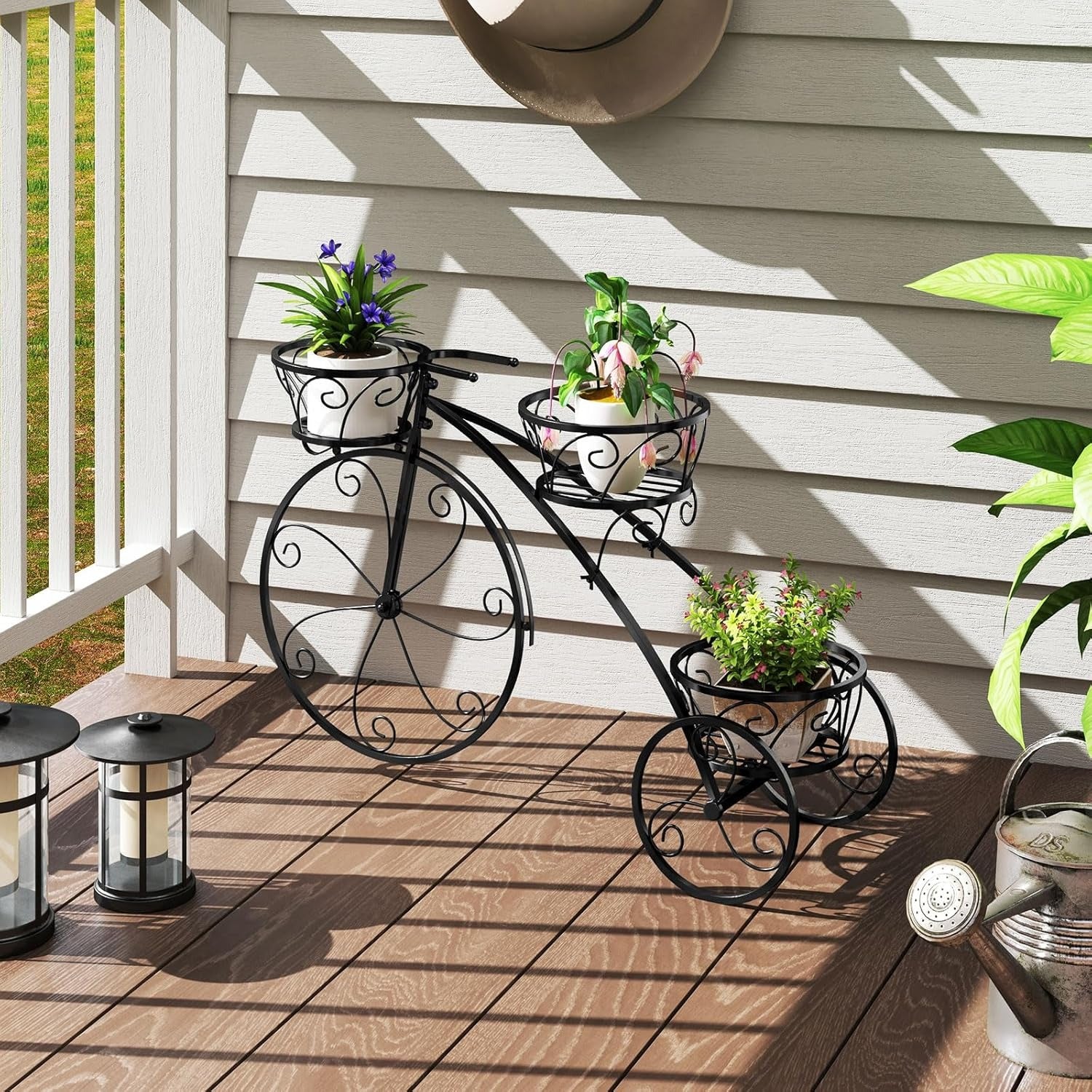 Suporte para plantas em forma de bicicleta, suporte metálico para vasos com 3 cestas ocas, elegante jardineira de pé de estilo parisiense vintage para pátio, jardim, terraço (preto)