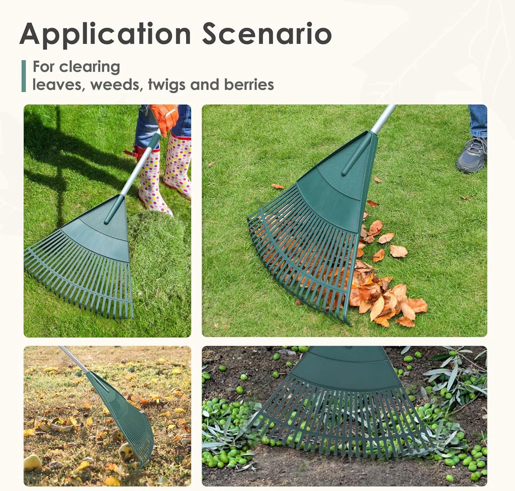 Ancinho de folhas de jardim, cabo de aço leve ajustável, cabeça de plástico, ancinho de arbustos de polietileno, 26 dentes, 110 a 168 cm (cabo prateado)