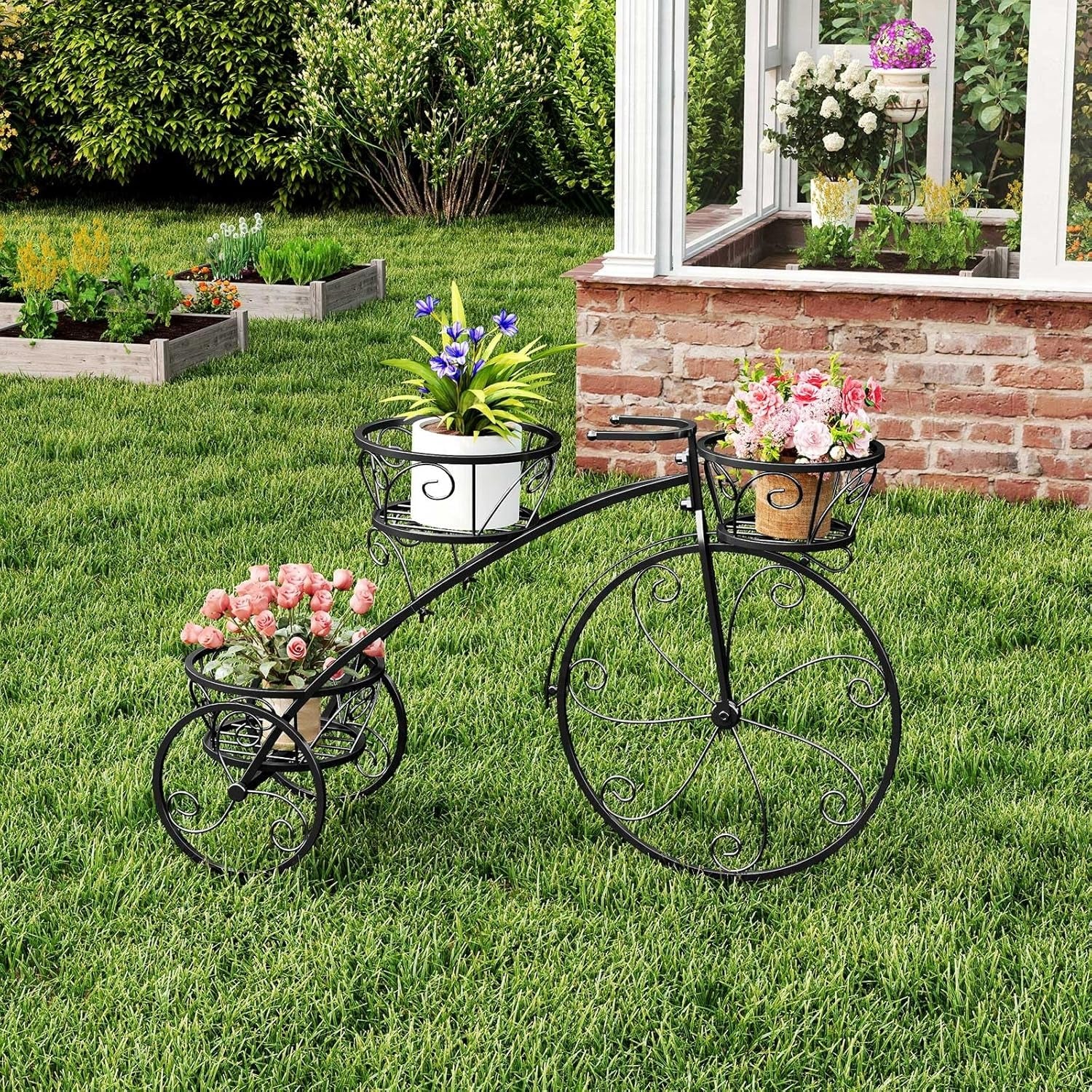 Suporte para plantas em forma de bicicleta, suporte metálico para vasos com 3 cestas ocas, elegante jardineira de pé de estilo parisiense vintage para pátio, jardim, terraço (preto)