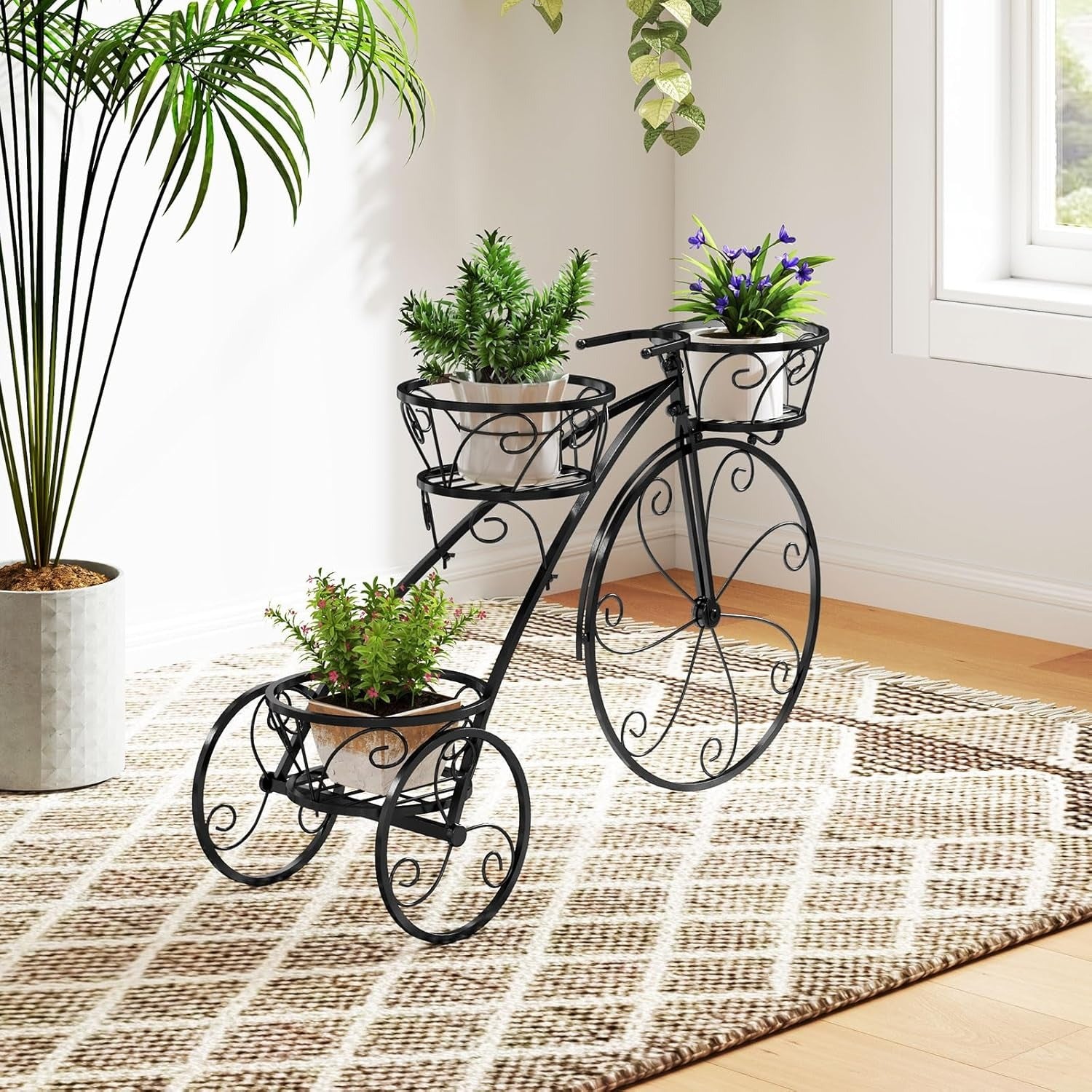 Suporte para plantas em forma de bicicleta, suporte metálico para vasos com 3 cestas ocas, elegante jardineira de pé de estilo parisiense vintage para pátio, jardim, terraço (preto)