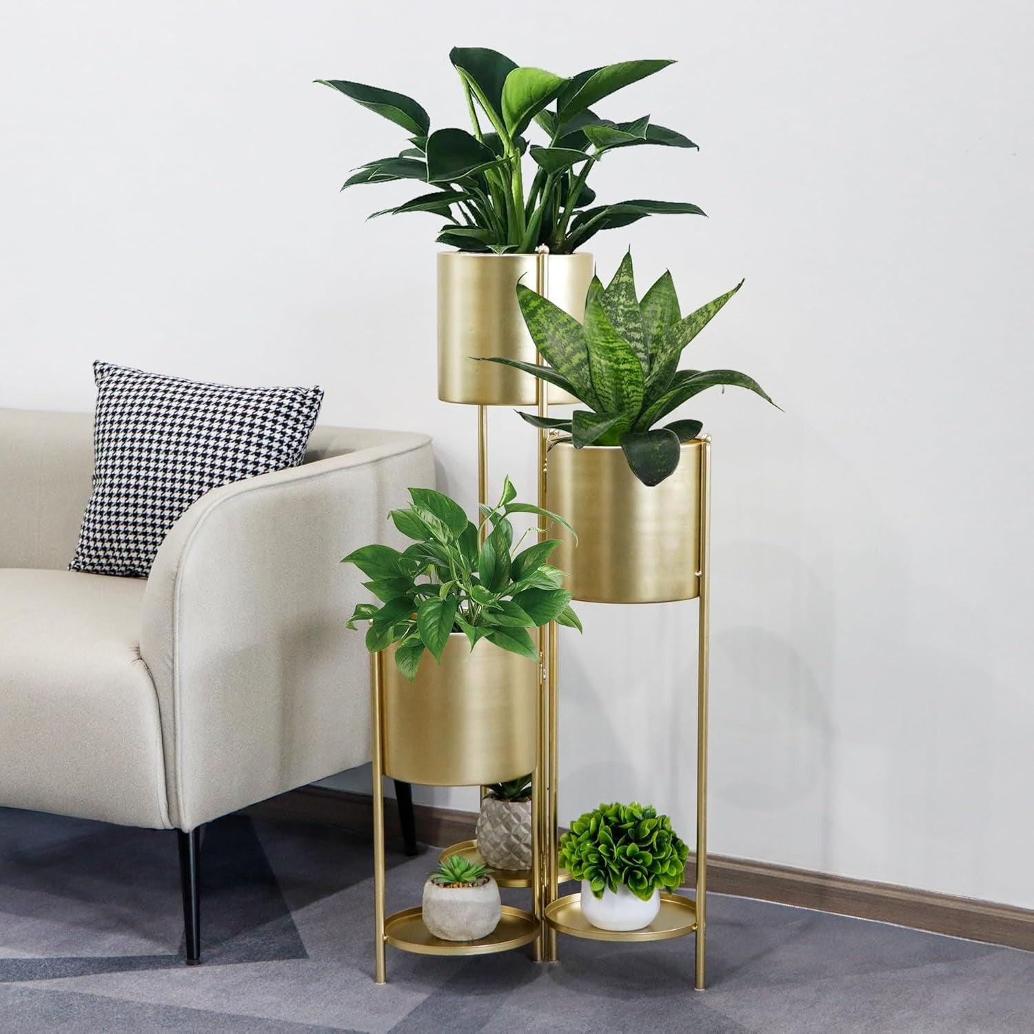 Prateleira metálica para plantas, 6 níveis com 6 vasos, prateleira decorativa dobrável para pátio, jardim e sala (ouro)