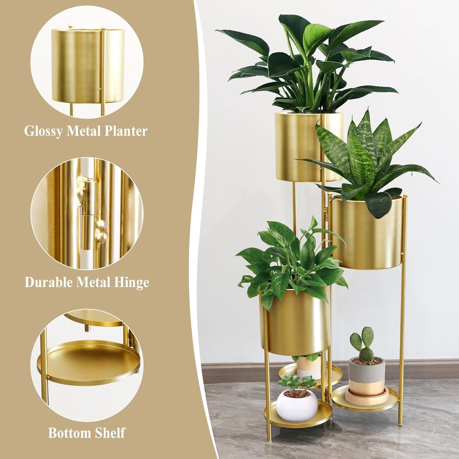 Prateleira metálica para plantas, 6 níveis com 6 vasos, prateleira decorativa dobrável para pátio, jardim e sala (ouro)