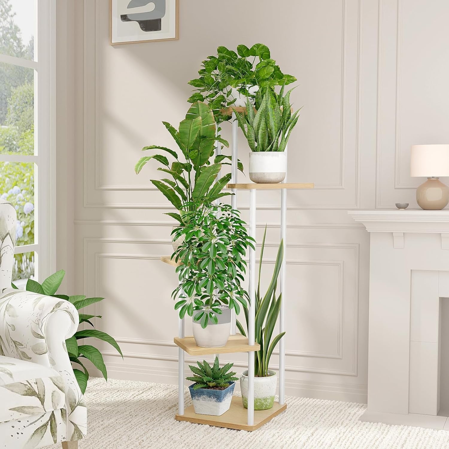 Suporte para plantas de canto estante para plantas altas de metal para várias plantas, suporte de plantas de interior de 5 níveis para pátio, jardim, varanda, sala de estar (branco)