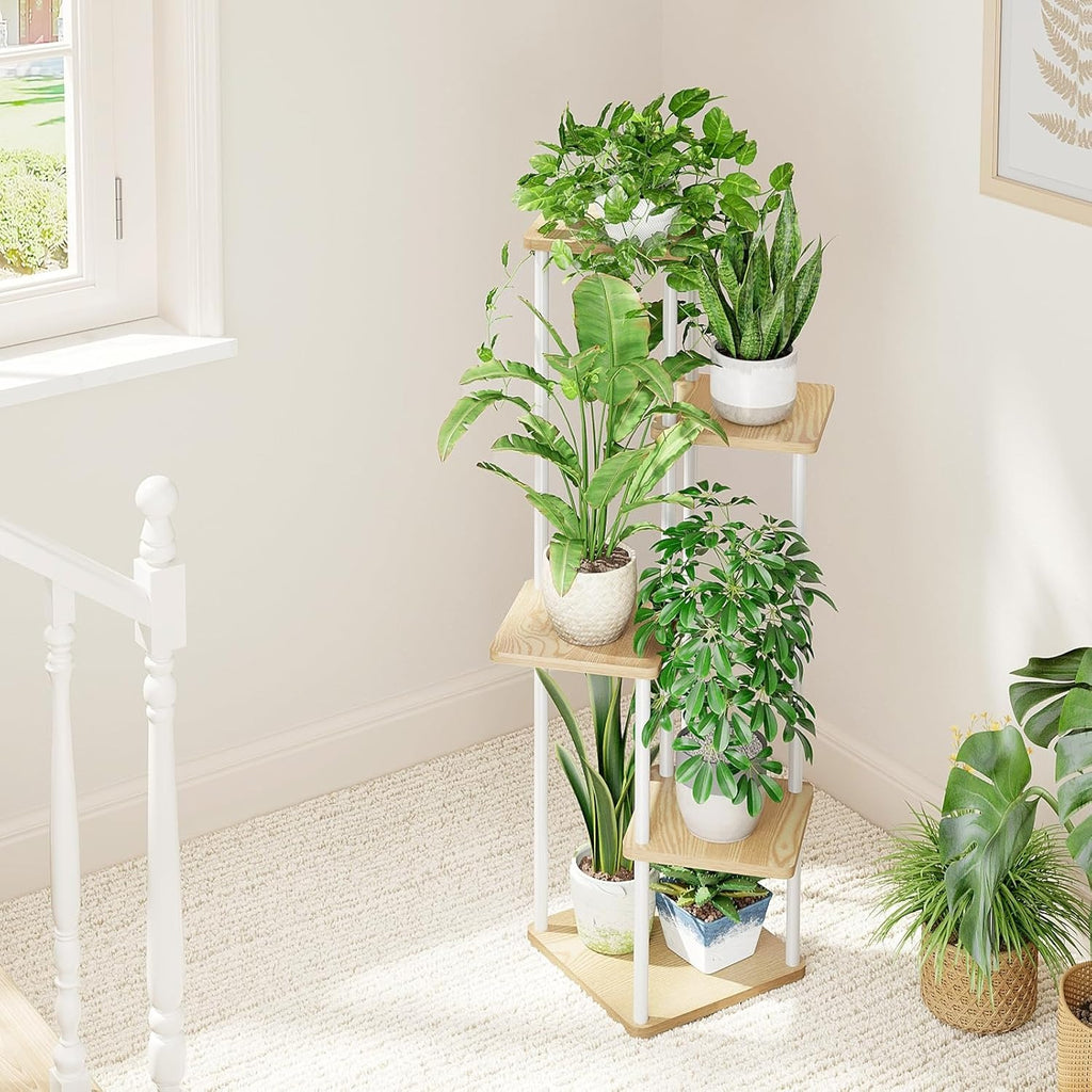 Suporte para plantas de canto estante para plantas altas de metal para várias plantas, suporte de plantas de interior de 5 níveis para pátio, jardim, varanda, sala de estar (branco)
