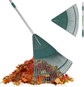 Ancinho de folhas de jardim, cabo de aço leve ajustável, cabeça de plástico, ancinho de arbustos de polietileno, 26 dentes, 110 a 168 cm (cabo prateado)
