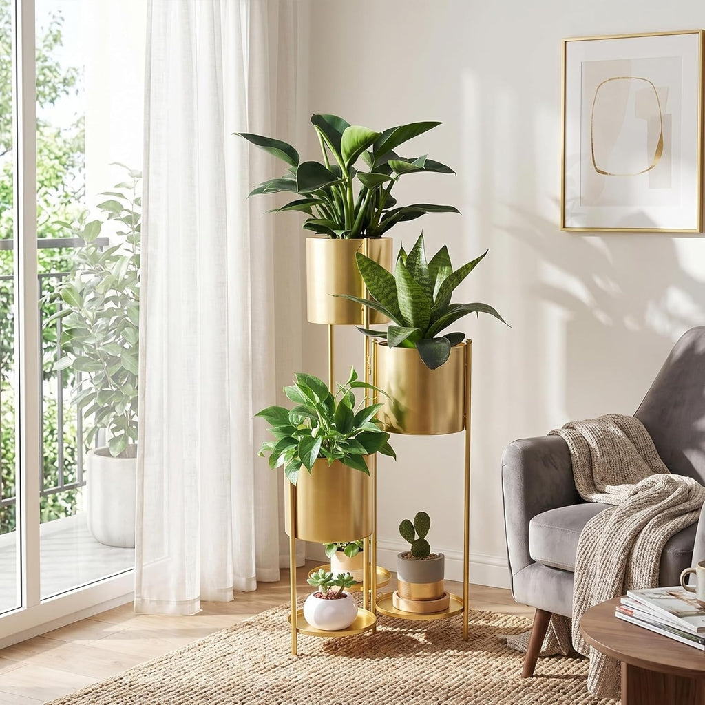 Prateleira metálica para plantas, 6 níveis com 6 vasos, prateleira decorativa dobrável para pátio, jardim e sala (ouro)