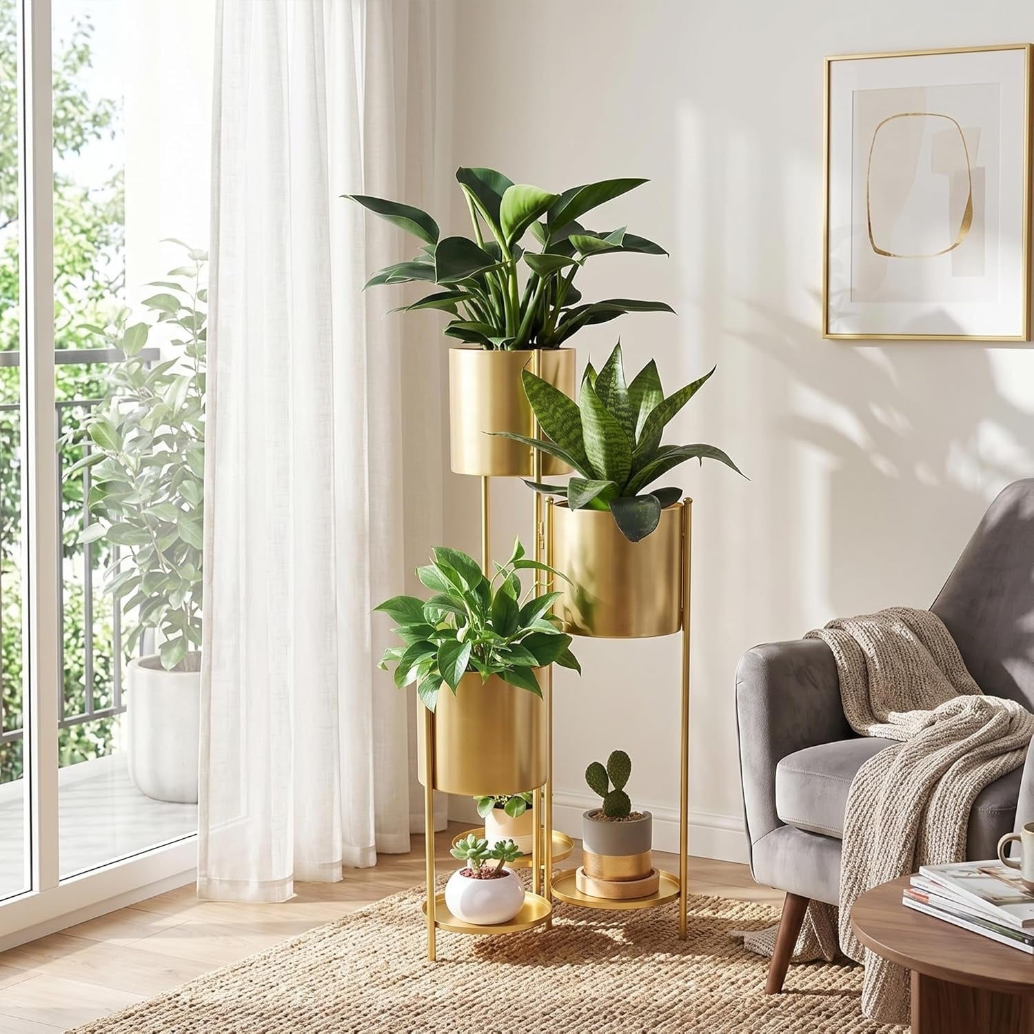 Prateleira metálica para plantas, 6 níveis com 6 vasos, prateleira decorativa dobrável para pátio, jardim e sala (ouro)