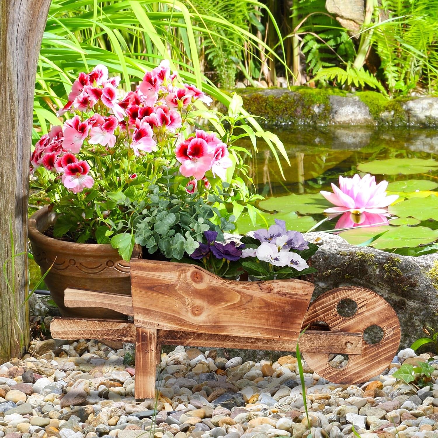 Vaso de madeira carrinho de mão, madeira queimada, decoração de jardim, vaso plantas retro, 19 x 47 x 15 cm, natural