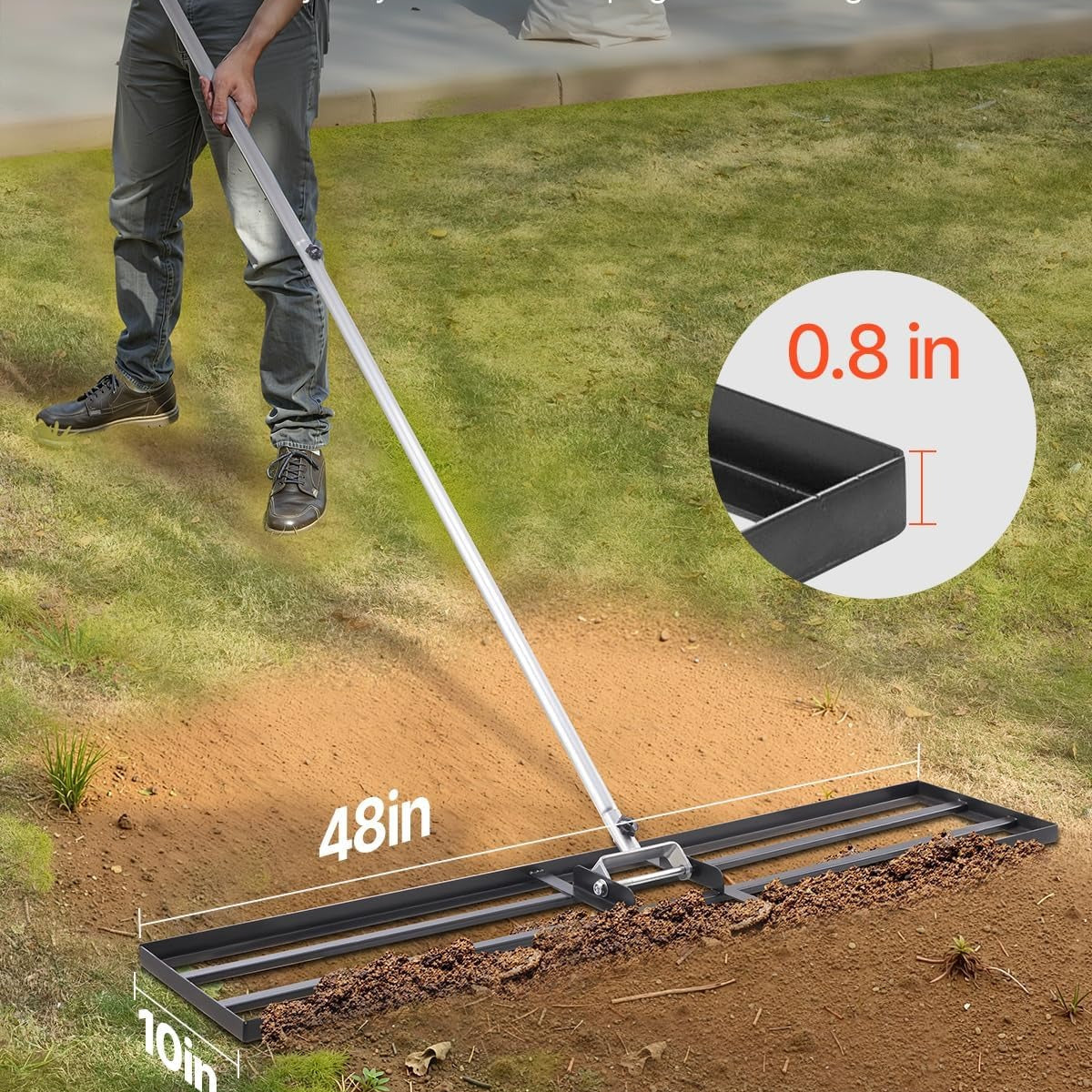 Ancinho nivelador de relvado com alça, placa de chão de 254 x 1219 mm, nivelador de chão de aço carbono resistente à oxidação, 2 altura ajustável, para campo de golfe, pátio