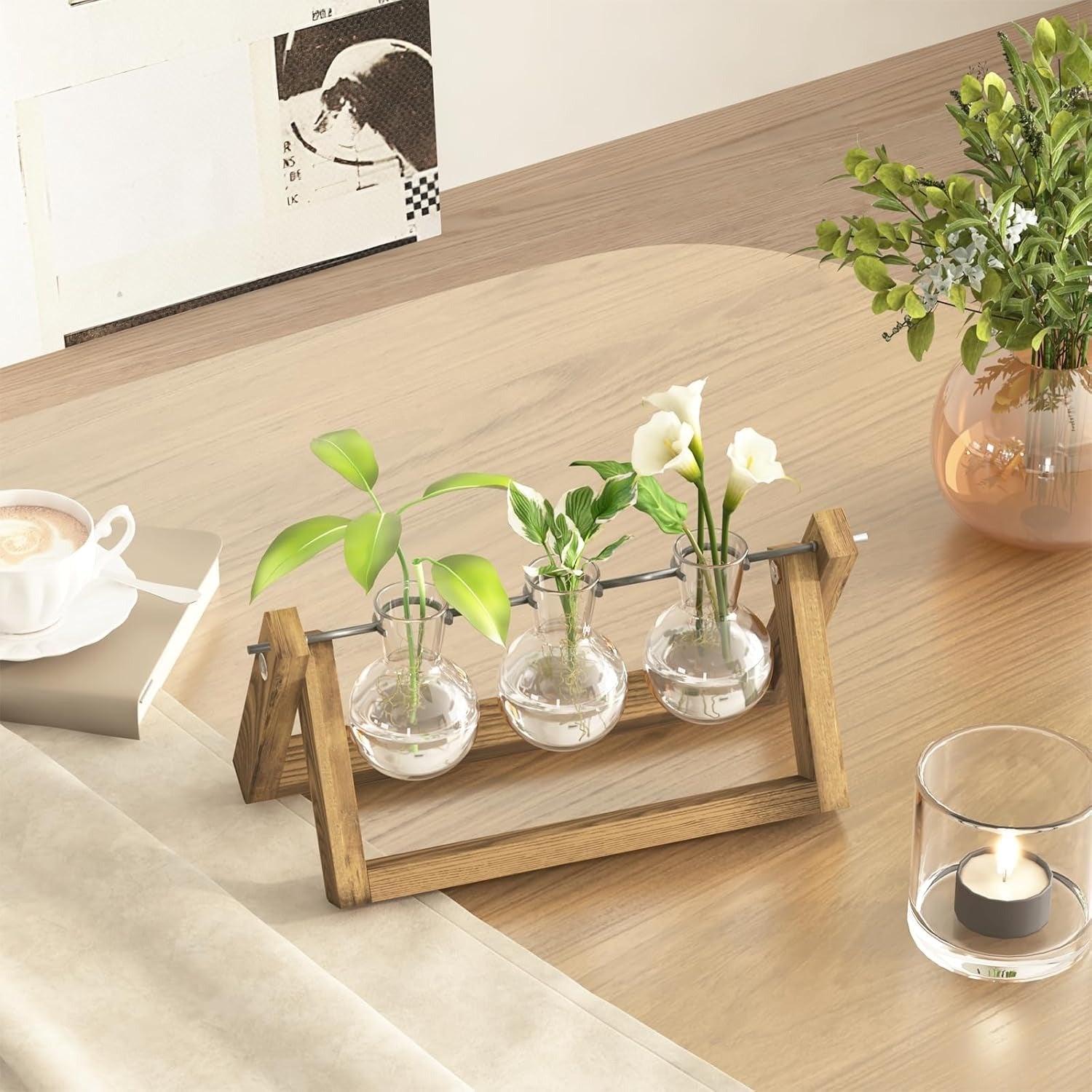 Estação de propagação de plantas hidropónicas com suporte de madeira 3 vasos de vidro para cultivo de plantas em água e decoração
